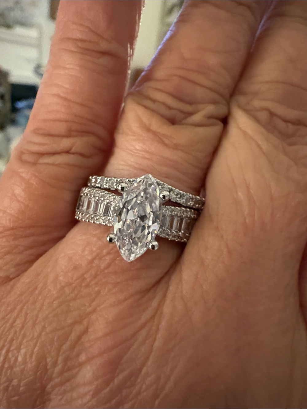 Marquise Cubic Zirconia Solitaire and Band Rhodium. 3ct center CZ